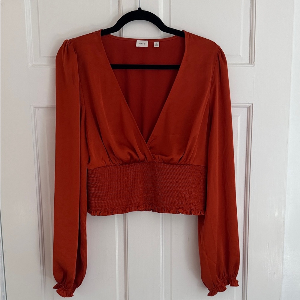 Aritzia Wilfred Rust Long-Sleeve V-Neck Smocked Waist Top Size L